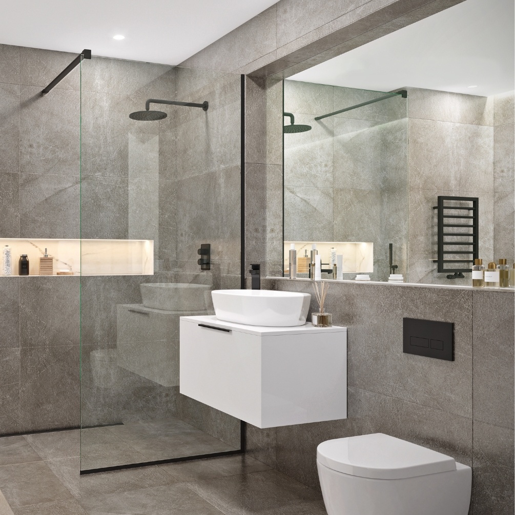 Product Lifestyle image of the Abacus Concept Sit On White 600mm Vanity Unit with a Matt White worktop and an oval shaped countertop basin